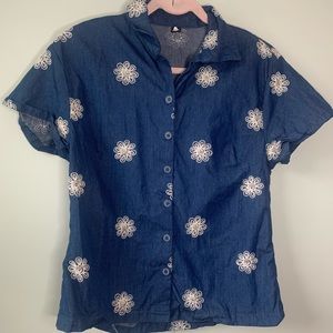 3/$20 Sale! Handmade Floral Embroidered Denim Button Down Blouse